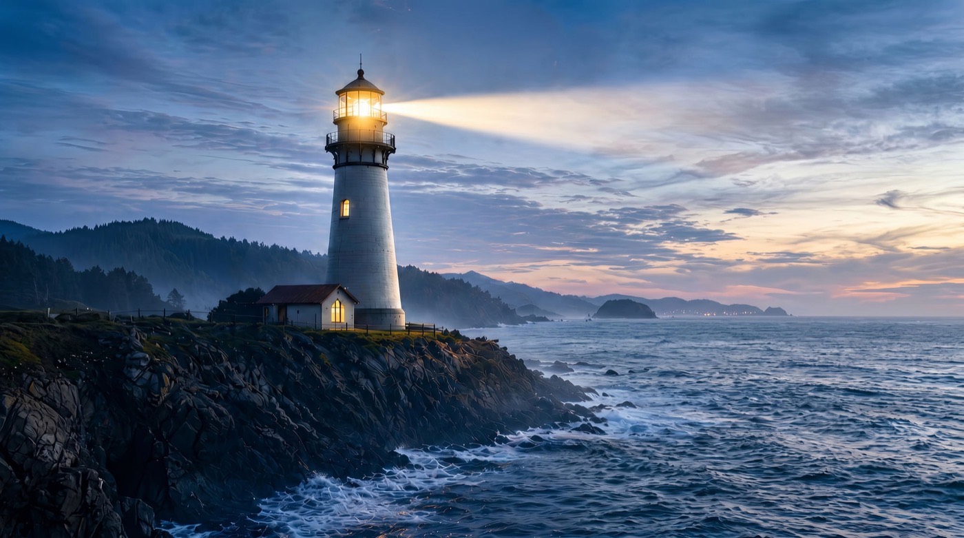 A lighthouse casting a warm beam over a rugged coastline at dusk, waves breaking on the rocks below
